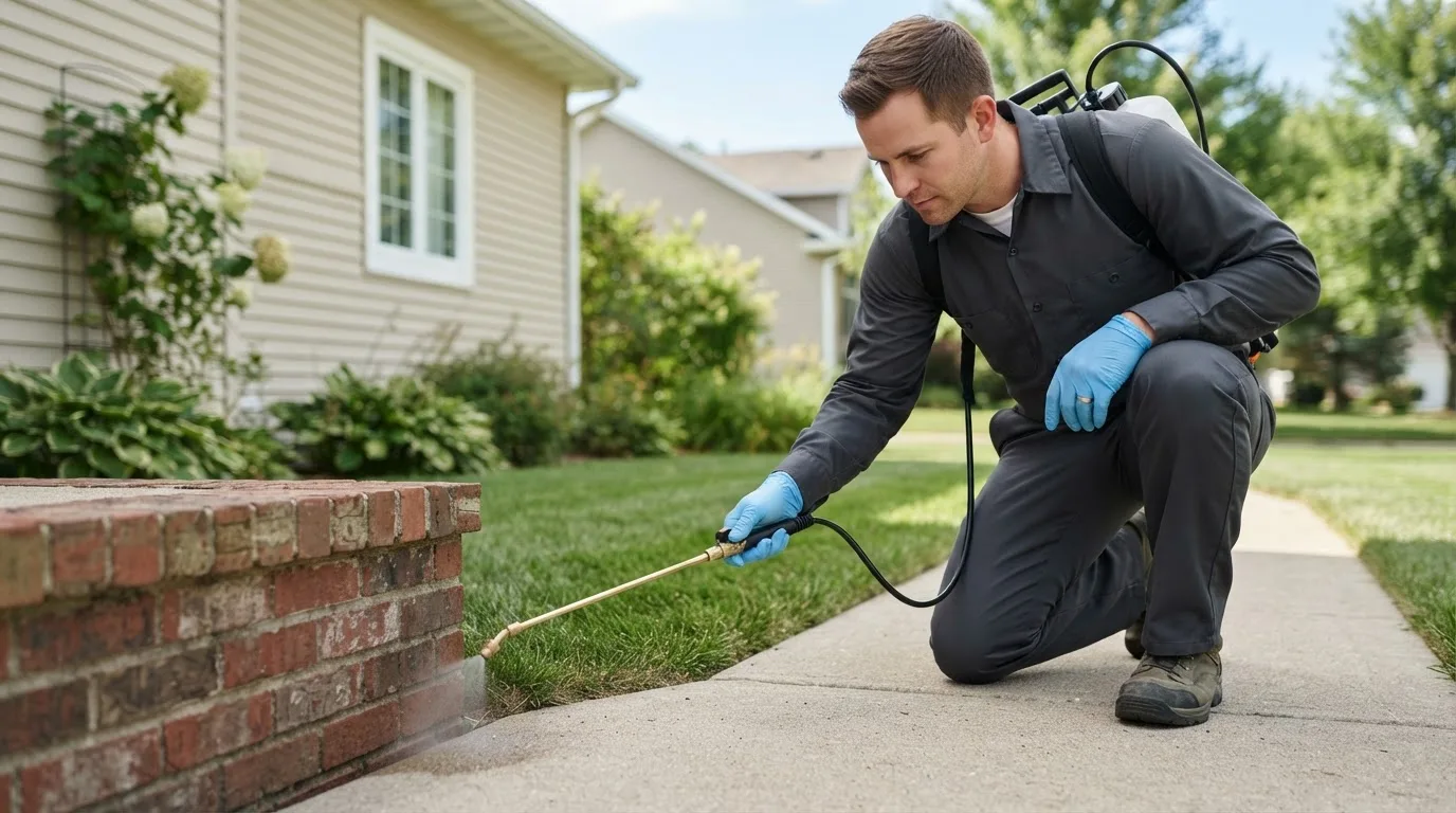 Pest control technician treating a home near Rolesville, NC